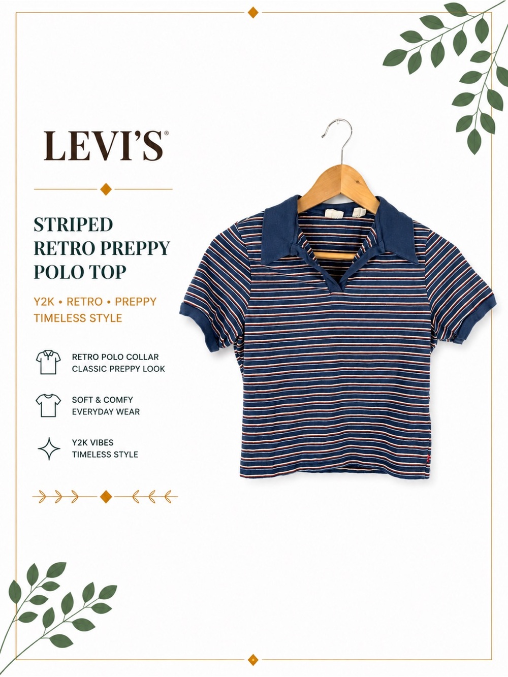 Levi’s Blue Striped Retro Preppy Skater Baby Tee Polo Top Y2K Size Small